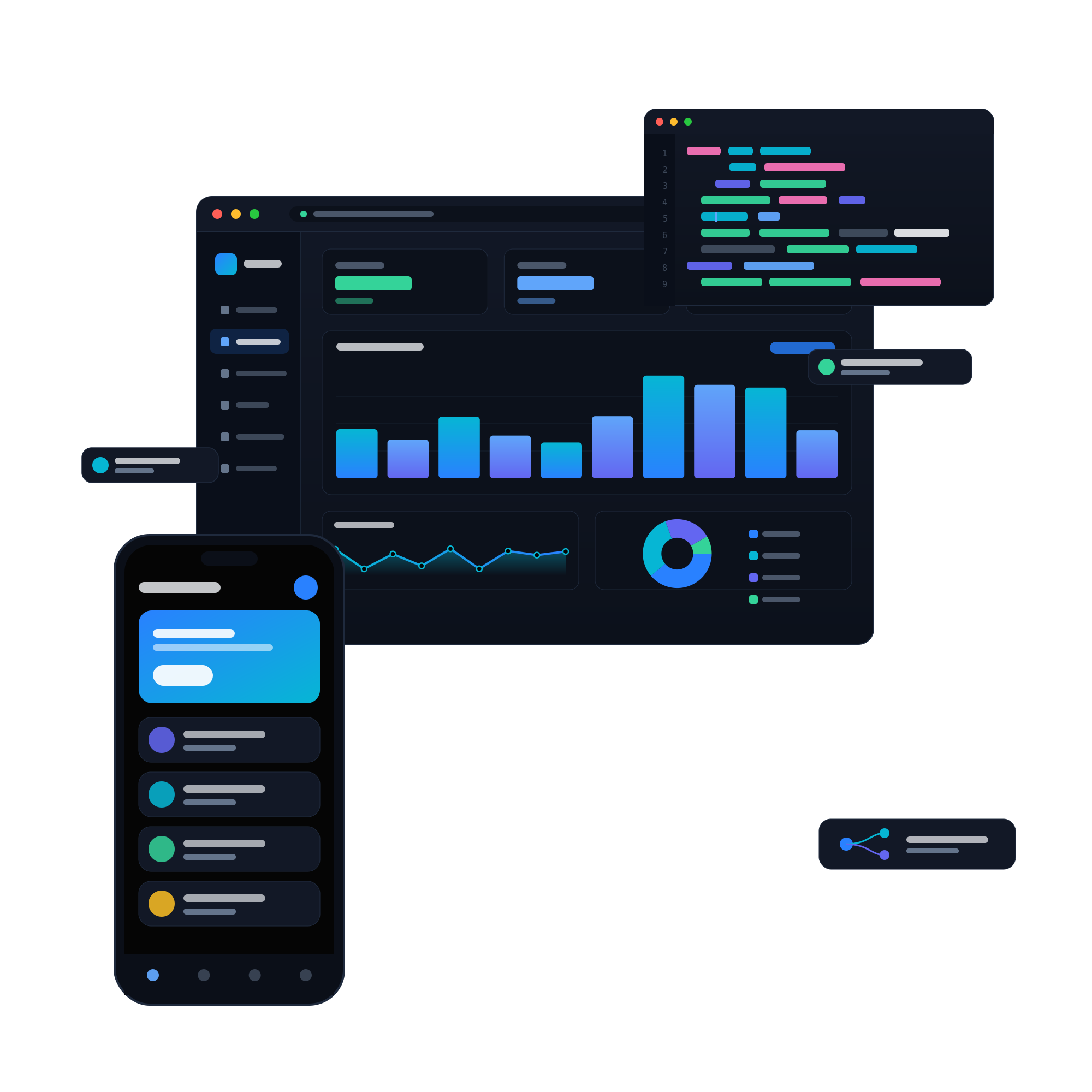 Analytics dashboard, code editor, and mobile app interface
